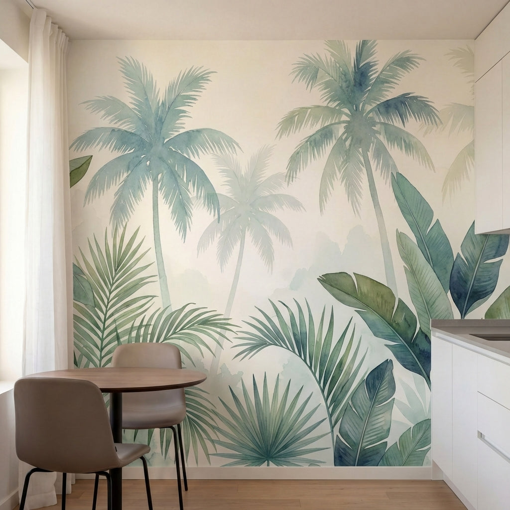 papier peint panoramique tropical palmiers feuilles bananier superposees aquarel-1