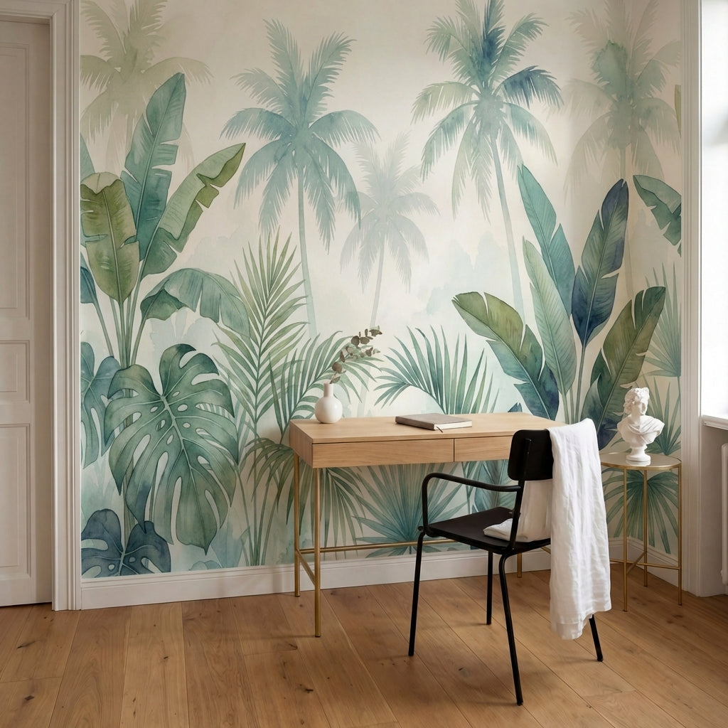 papier peint panoramique tropical palmiers feuilles bananier superposees aquarel-9