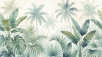 Papier peint panoramique tropical - Palmiers feuilles bananier superposées aquarelle tons vert sauge et beige sur mesure - Design