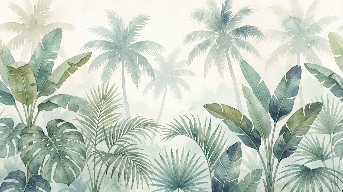 Papier peint panoramique tropical - Palmiers feuilles bananier superposées aquarelle tons vert sauge et beige sur mesure - Design