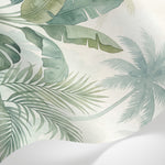 Papier peint panoramique tropical - Palmiers feuilles bananier superposées aquarelle tons vert sauge et beige sur mesure - Matière