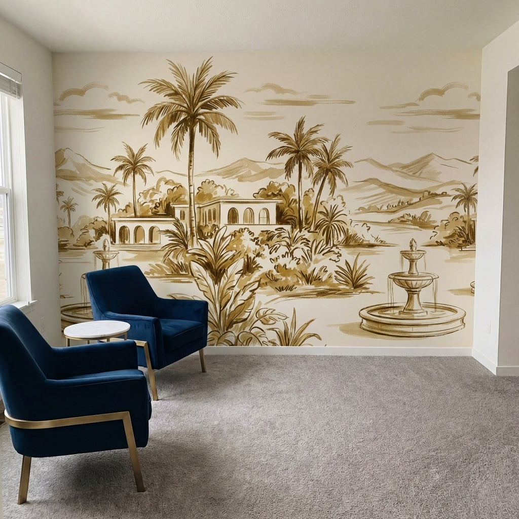 papier peint panoramique tropical palmiers fontaines architecture mauresque fond-10