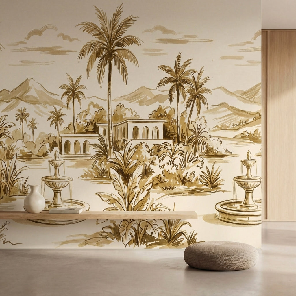 papier peint panoramique tropical palmiers fontaines architecture mauresque fond-2