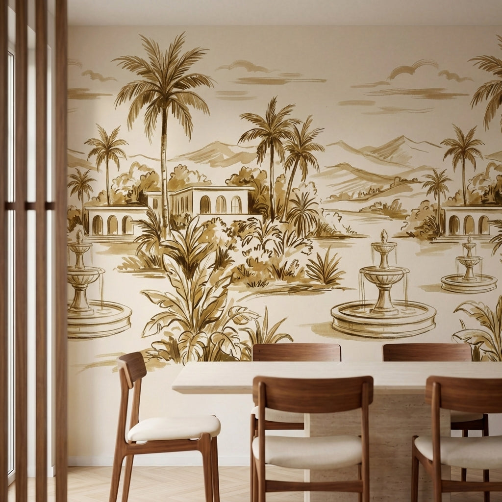 papier peint panoramique tropical palmiers fontaines architecture mauresque fond-3