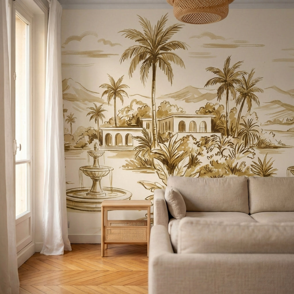 papier peint panoramique tropical palmiers fontaines architecture mauresque fond-6