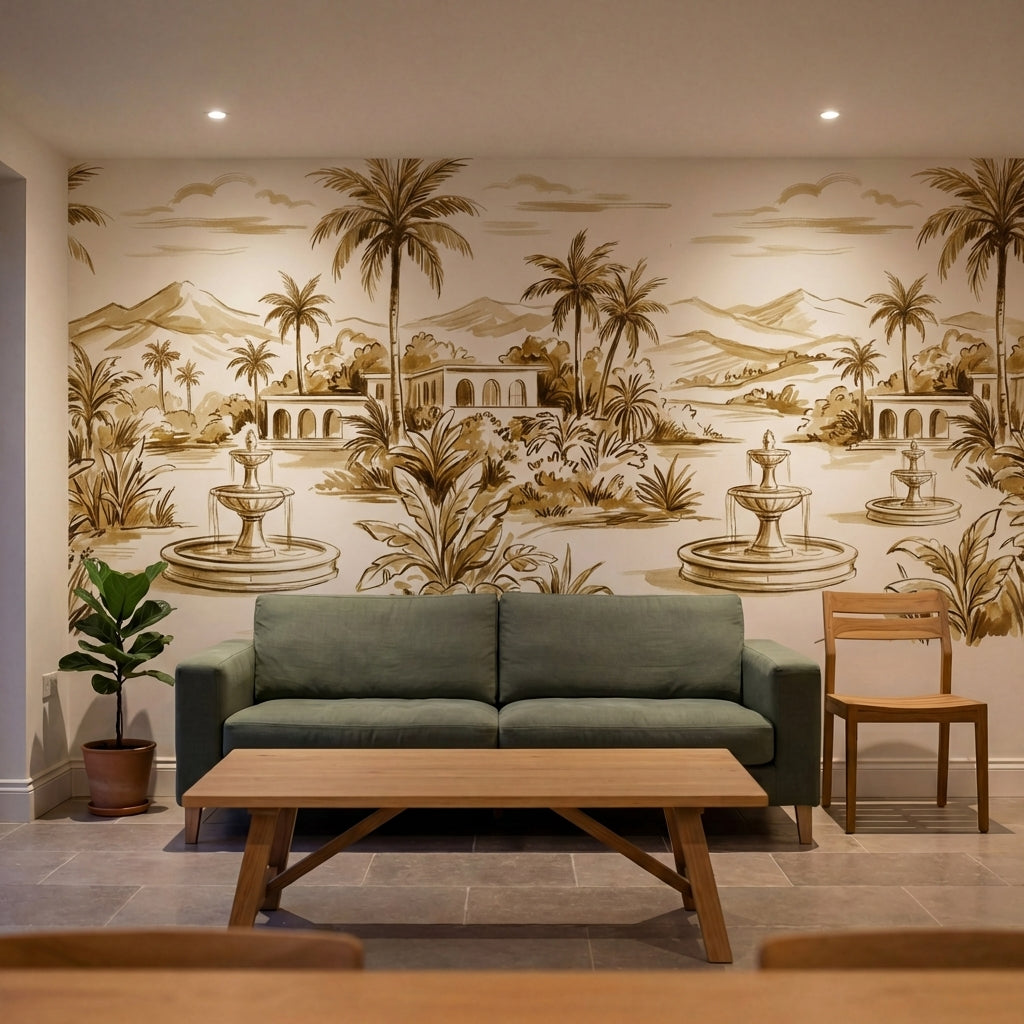 papier peint panoramique tropical palmiers fontaines architecture mauresque fond-7