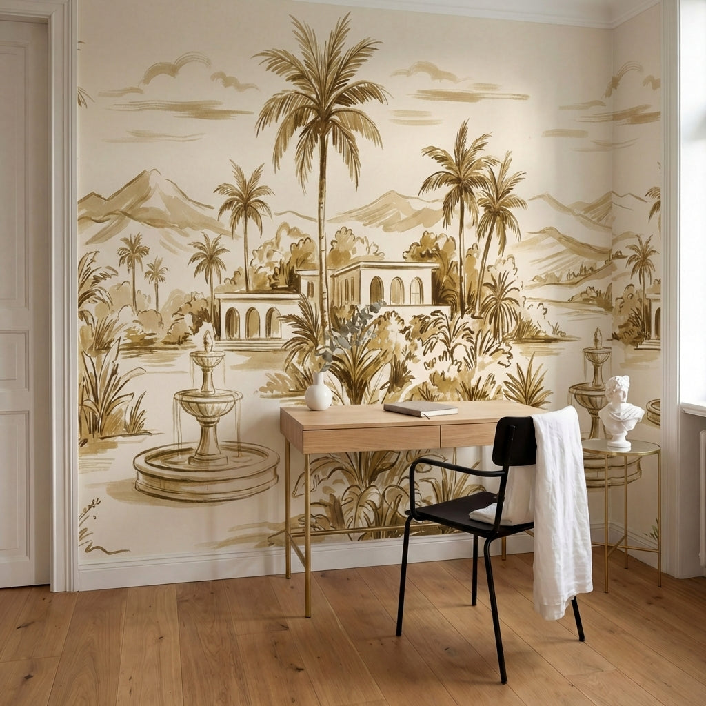papier peint panoramique tropical palmiers fontaines architecture mauresque fond-9