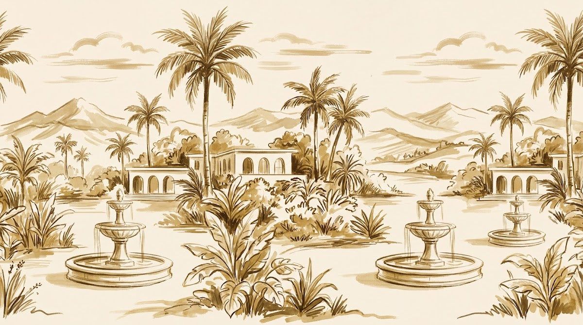 Papier peint panoramique tropical - Palmiers fontaines architecture mauresque fond beige crème et brun doré sur mesure - Design
