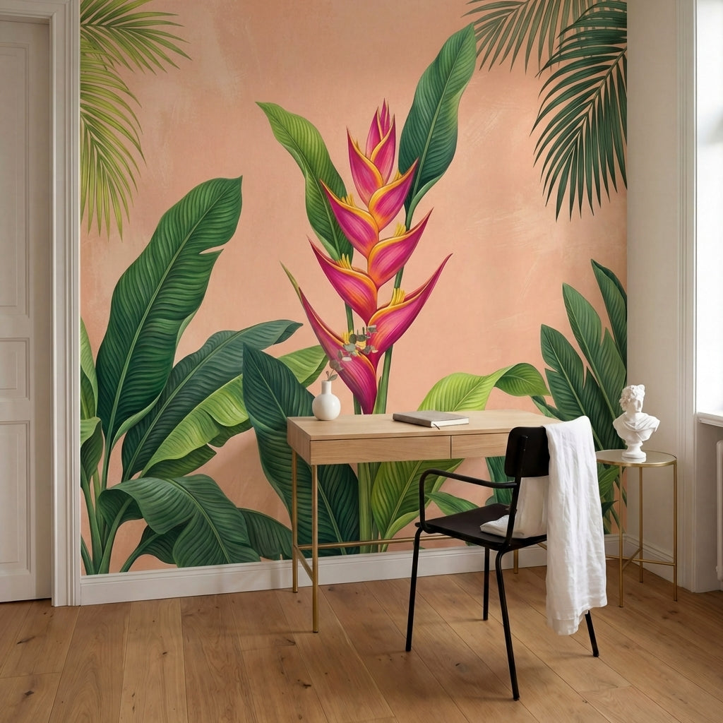 papier peint panoramique tropical palmiers heliconias feuilles bananier jungle l-9