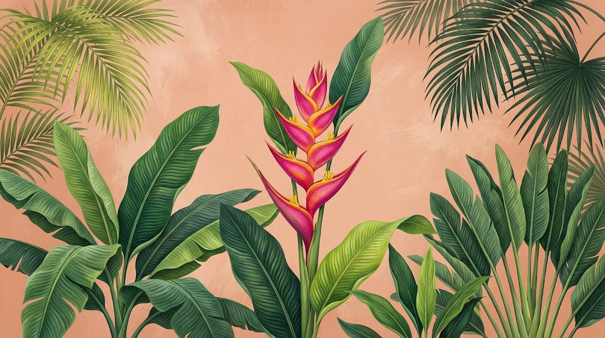 Papier peint panoramique tropical - Palmiers héliconias feuilles bananier jungle luxuriante fond rose corail sur mesure - Design