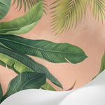 Papier peint panoramique tropical - Palmiers héliconias feuilles bananier jungle luxuriante fond rose corail sur mesure - Matière