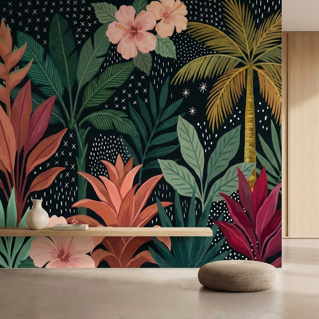 papier peint panoramique tropical palmiers hibiscus feuillage exotique graphique-1