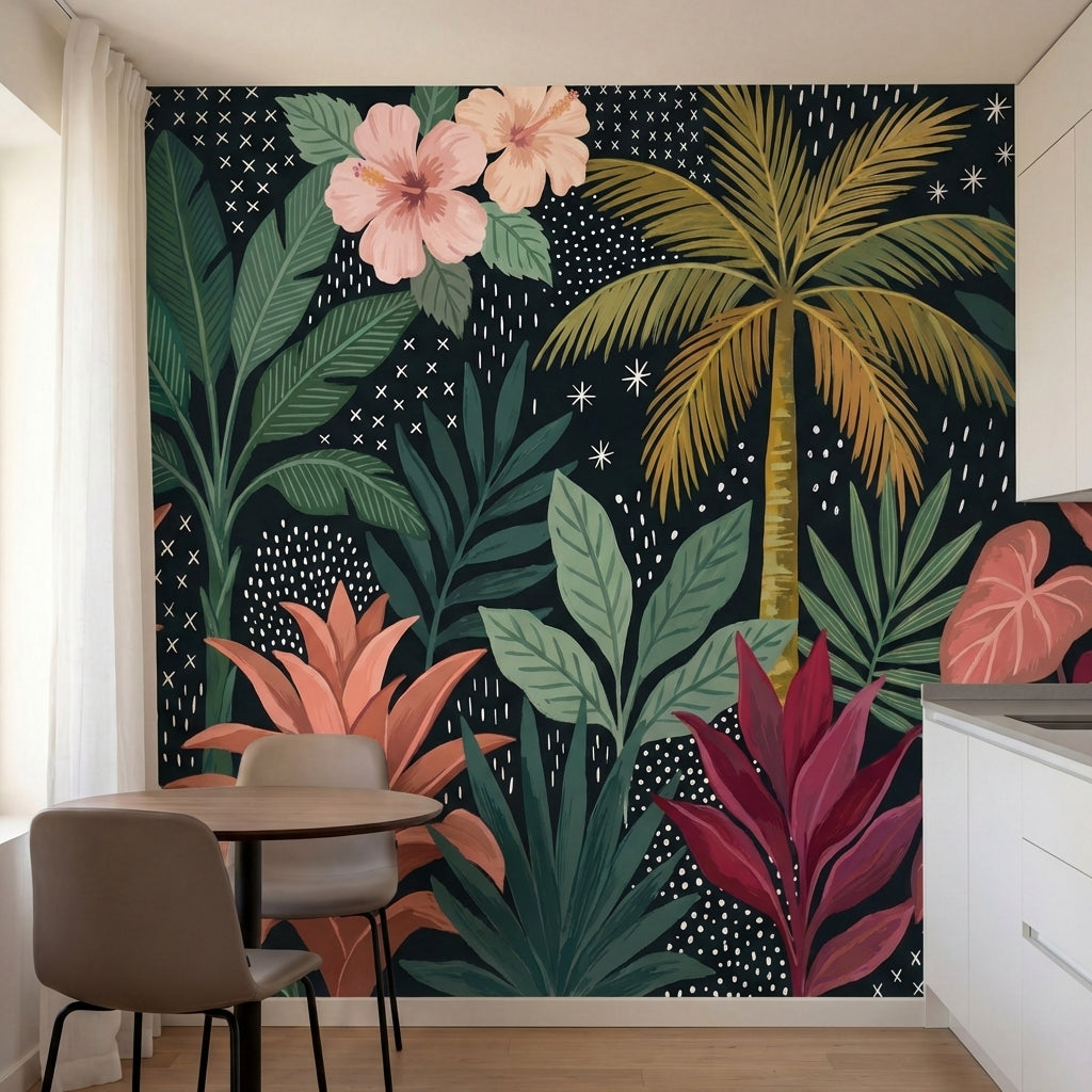 papier peint panoramique tropical palmiers hibiscus feuillage exotique graphique-2