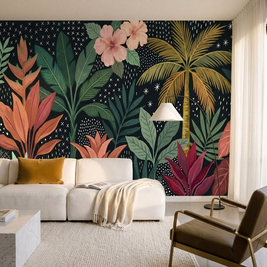 papier peint panoramique tropical palmiers hibiscus feuillage exotique graphique-6