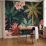 papier peint panoramique tropical palmiers hibiscus feuillage exotique graphique-8