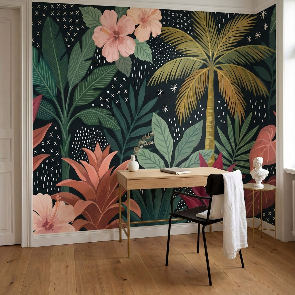 papier peint panoramique tropical palmiers hibiscus feuillage exotique graphique-8