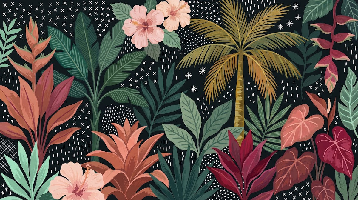 Papier peint panoramique tropical - Palmiers hibiscus feuillage exotique graphique fond noir et doré sur mesure - Design