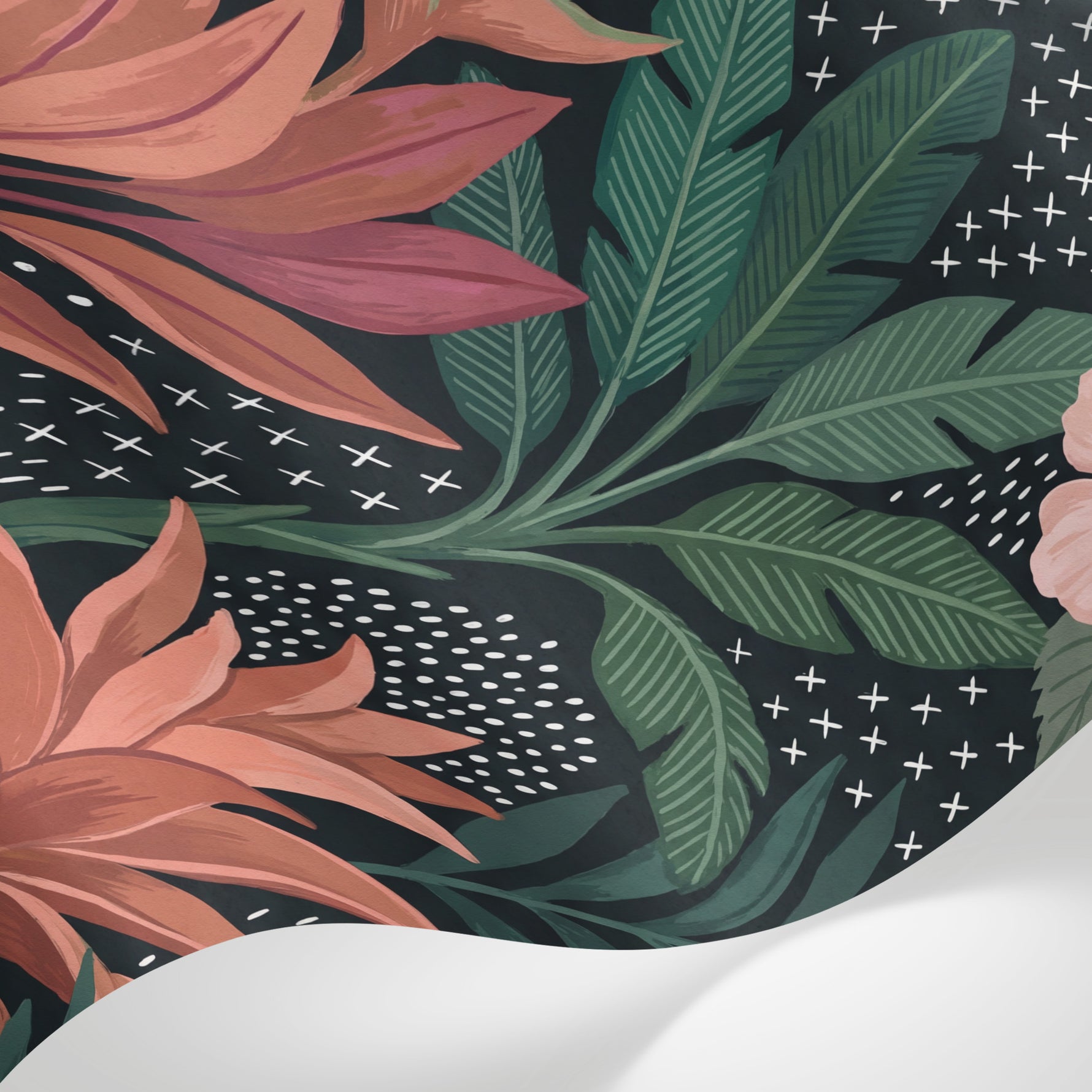 Papier peint panoramique tropical - Palmiers hibiscus feuillage exotique graphique fond noir et doré sur mesure - Matière