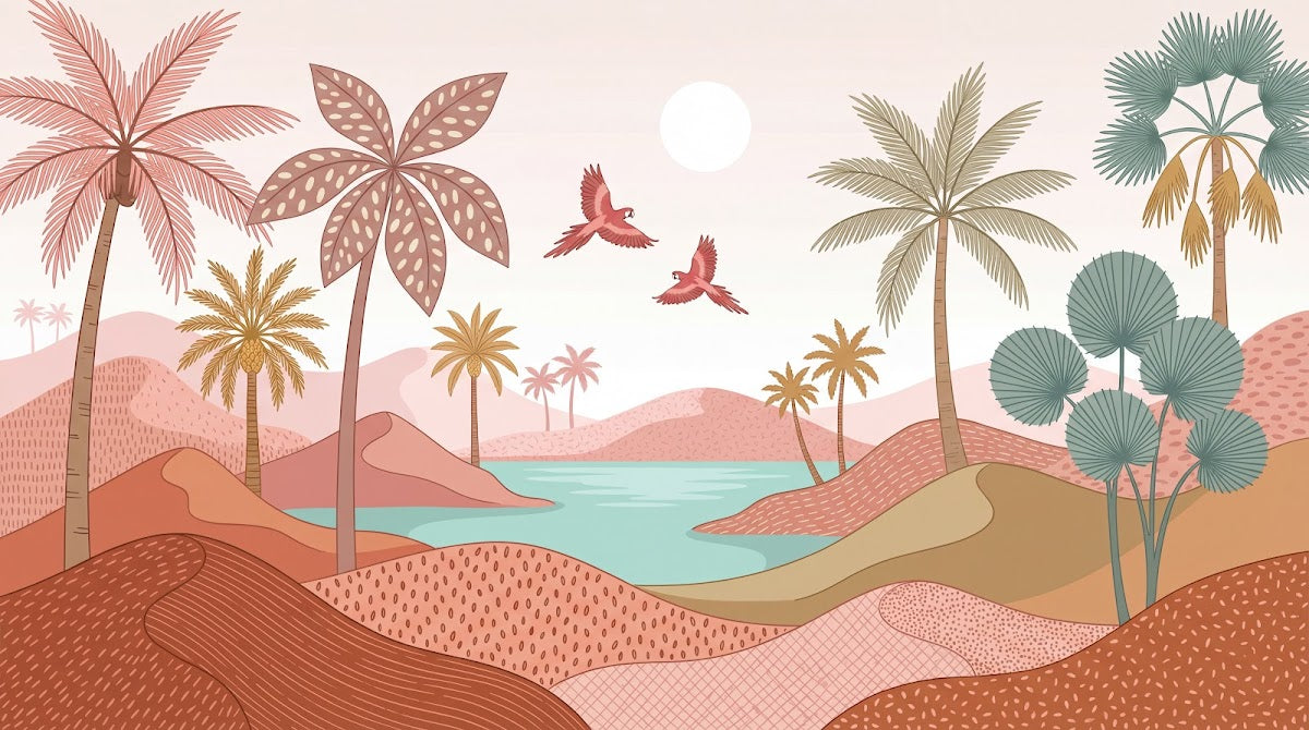 Papier peint panoramique tropical - Palmiers oiseaux exotiques lagoon turquoise fond beige rosé sur mesure - Design