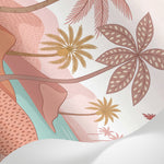 Papier peint panoramique tropical - Palmiers oiseaux exotiques lagoon turquoise fond beige rosé sur mesure - Matière