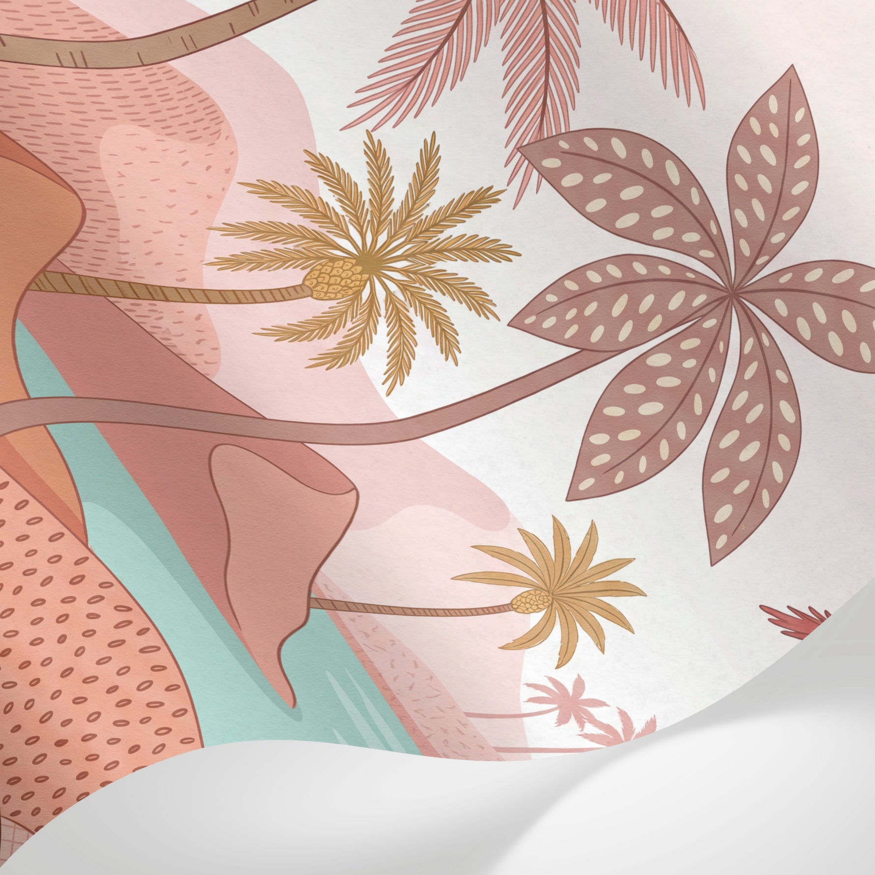 Papier peint panoramique tropical - Palmiers oiseaux exotiques lagoon turquoise fond beige rosé sur mesure - Matière