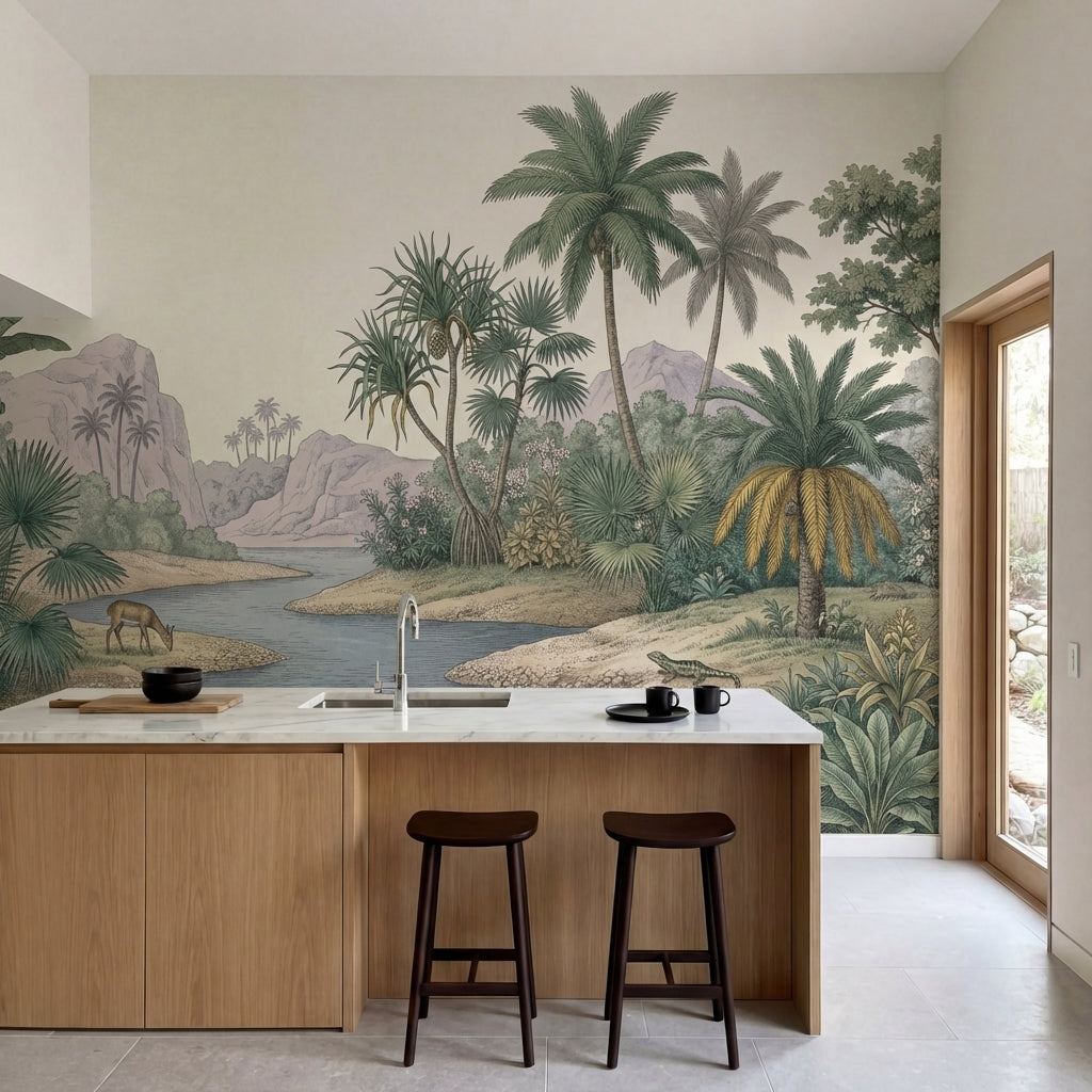 papier peint panoramique tropical palmiers riviere cerfs crocodile paysage exoti-1