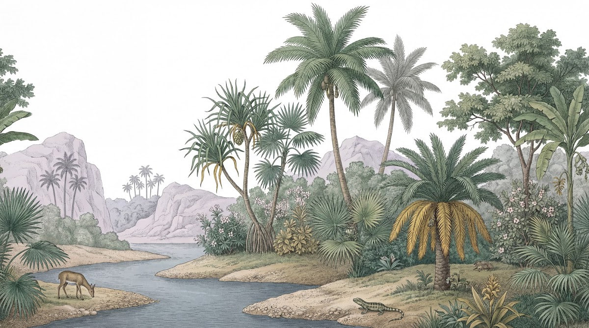 Papier peint panoramique tropical - Palmiers rivière cerfs crocodile paysage exotique fond beige rosé et vert sur mesure - Design