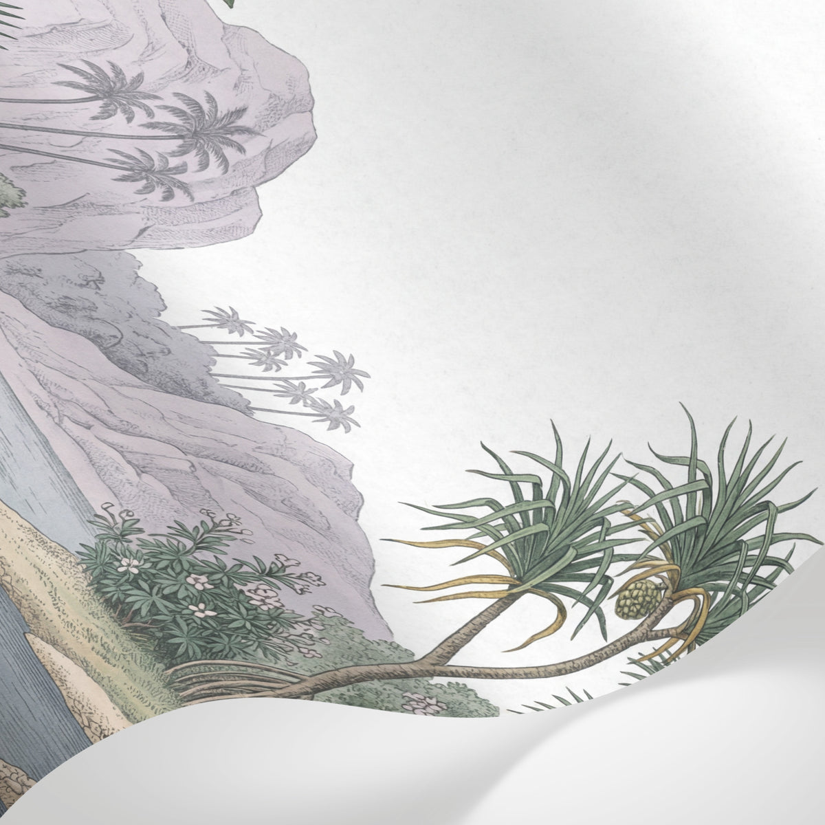 Papier peint panoramique tropical - Palmiers rivière cerfs crocodile paysage exotique fond beige rosé et vert sur mesure - Matière