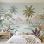papier peint panoramique tropical palmiers savane zebres herons montagnes fond b-HERO-10