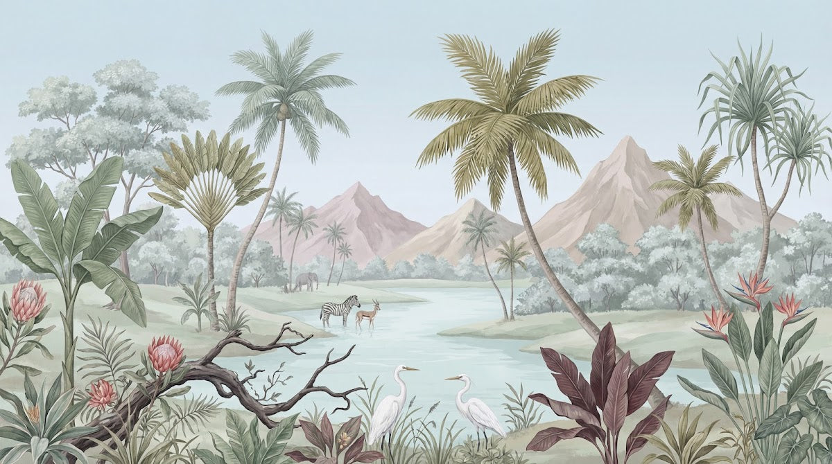 Papier peint panoramique tropical - Palmiers savane zèbres hérons montagnes fond beige crème et vert sauge sur mesure - Design