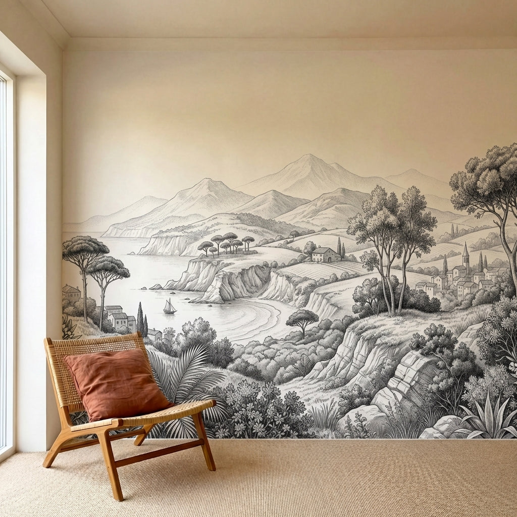 papier peint panoramique tropical palmiers village mediterraneen montagnes cotie-5