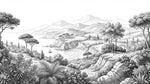 Papier peint panoramique tropical - Palmiers village méditerranéen montagnes côtières gravure gris et blanc sur mesure - Design