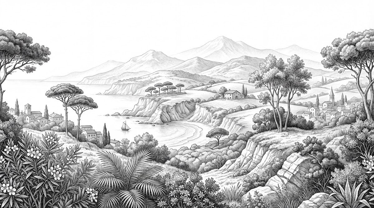 Papier peint panoramique tropical - Palmiers village méditerranéen montagnes côtières gravure gris et blanc sur mesure - Design