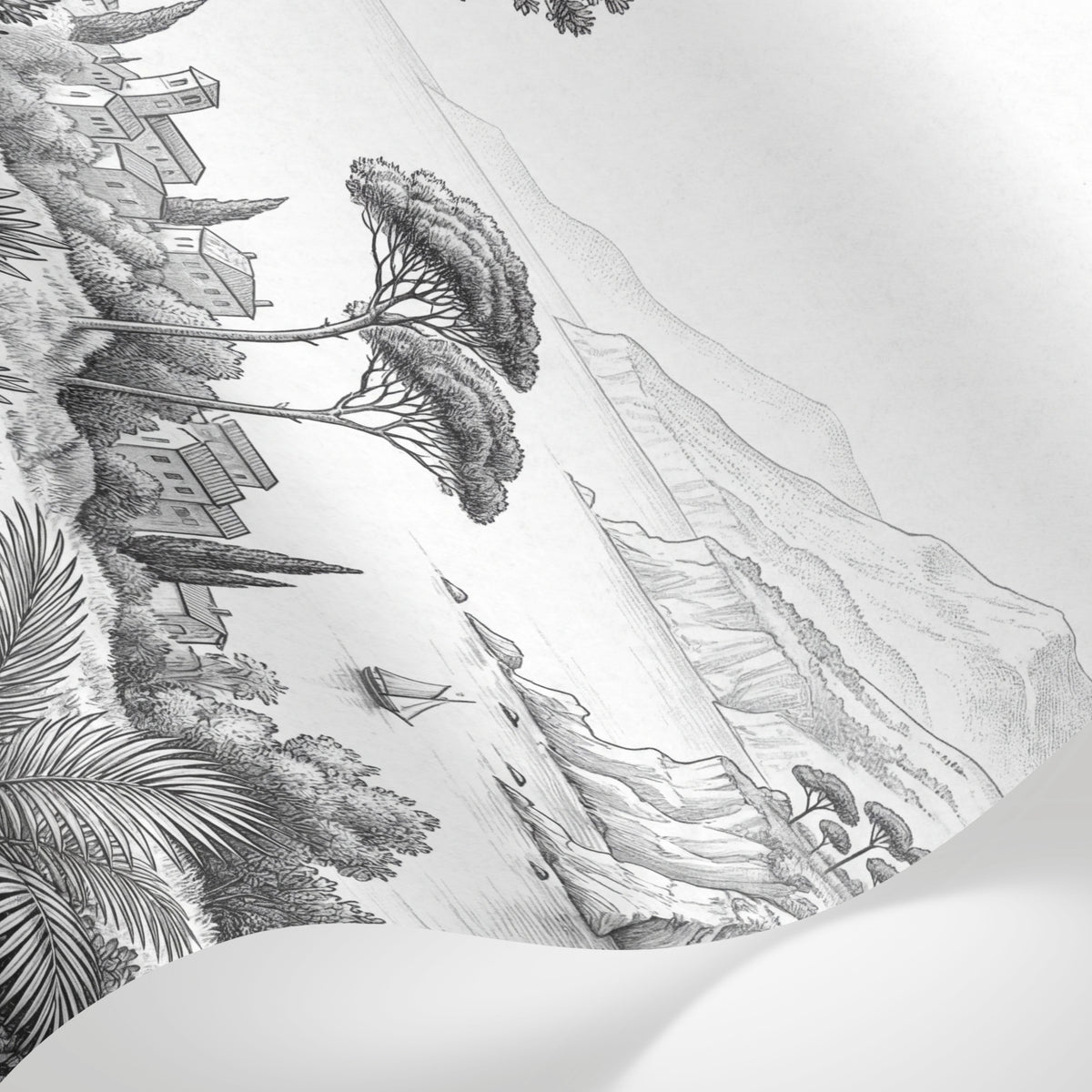 Papier peint panoramique tropical - Palmiers village méditerranéen montagnes côtières gravure gris et blanc sur mesure - Matière