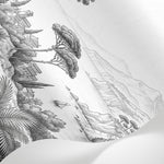 Papier peint panoramique tropical - Palmiers village méditerranéen montagnes côtières gravure gris et blanc sur mesure - Matière