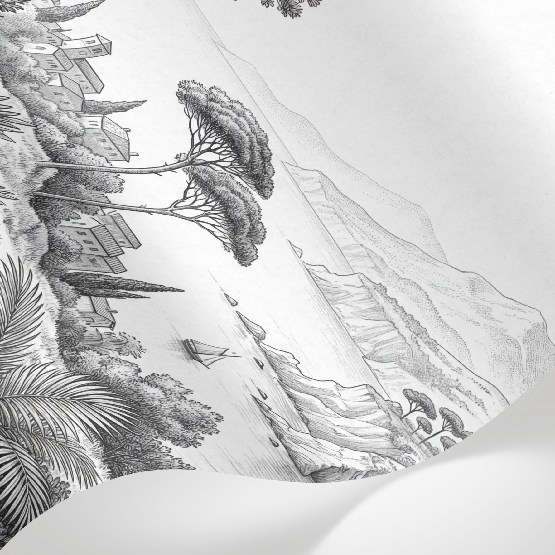 Papier peint panoramique tropical - Palmiers village méditerranéen montagnes côtières gravure gris et blanc sur mesure - Matière