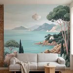 papier peint panoramique tropical paysage cotier mediterraneen pins parasols vil-1