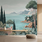 papier peint panoramique tropical paysage cotier mediterraneen pins parasols vil-2