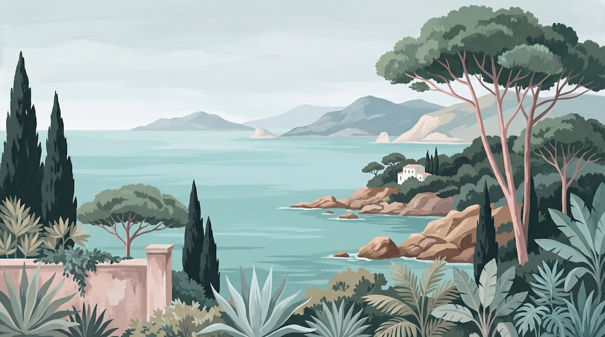 Papier peint panoramique tropical - Paysage côtier méditerranéen pins parasols villa fond bleu turquoise sur mesure - Design