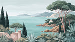 Papier peint panoramique tropical - Paysage côtier méditerranéen pins parasols villa fond bleu turquoise sur mesure - Design