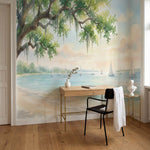 papier peint panoramique tropical plage cocotiers voiliers eau turquoise spanish-6