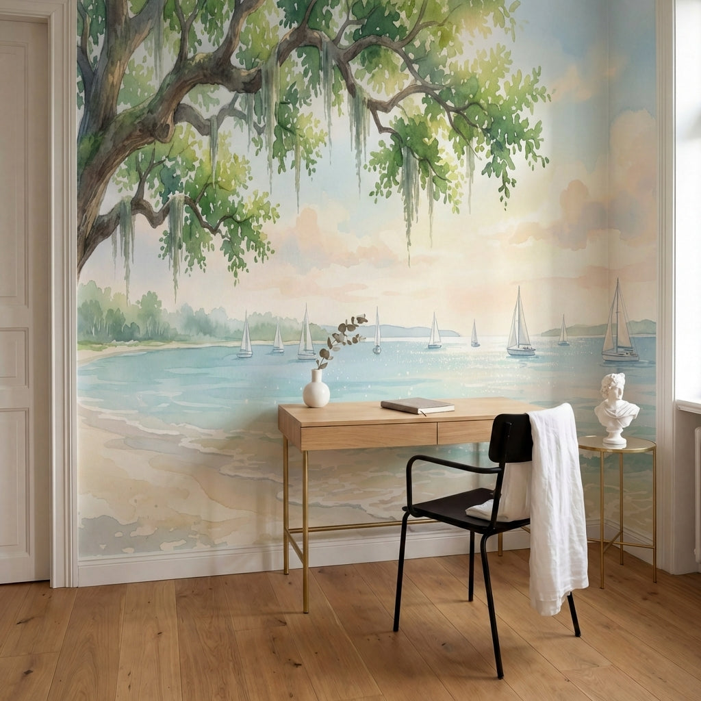 papier peint panoramique tropical plage cocotiers voiliers eau turquoise spanish-6