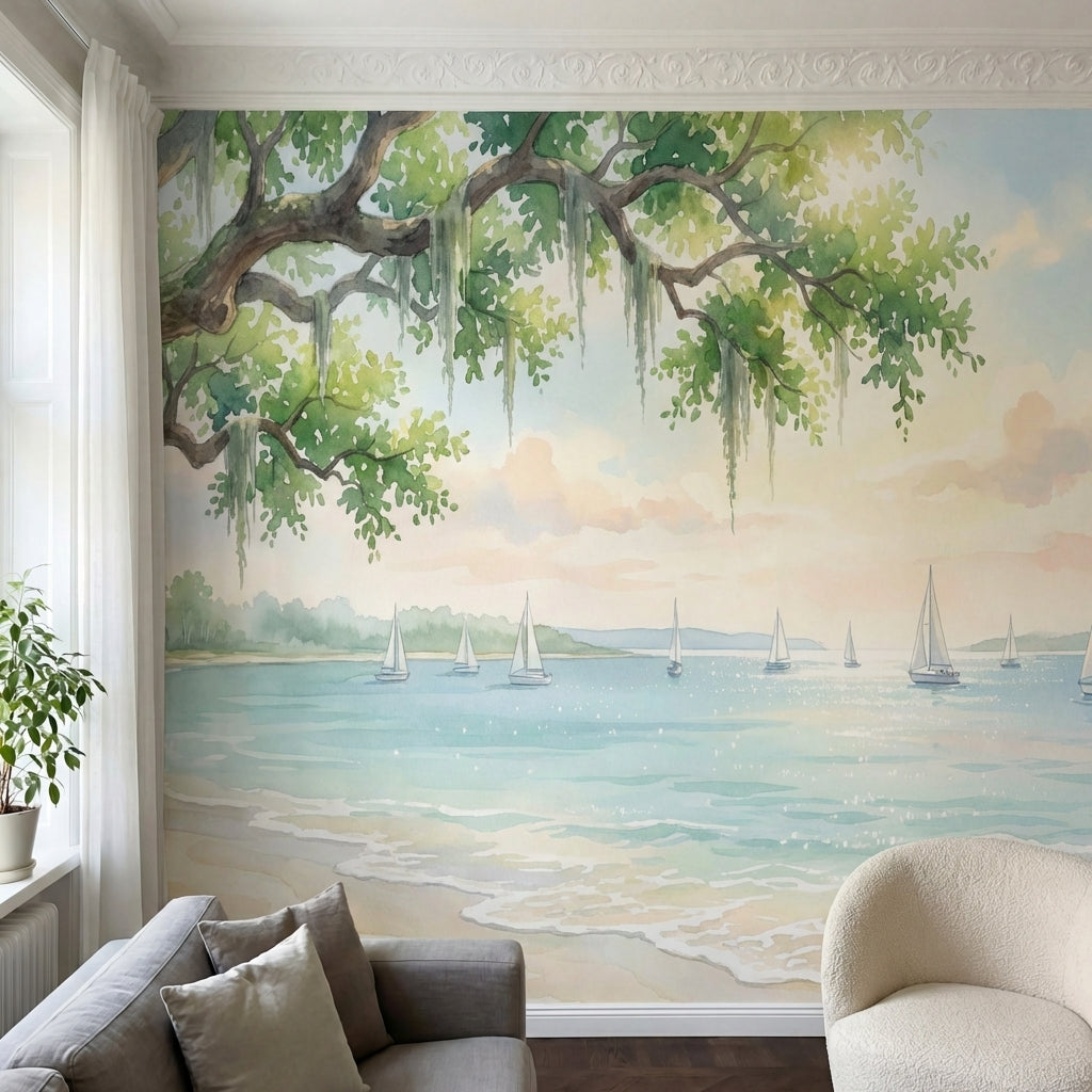 papier peint panoramique tropical plage cocotiers voiliers eau turquoise spanish-HERO-14