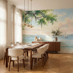 papier peint panoramique tropical plage cocotiers voiliers eau turquoise spanish-VARIANTE-11
