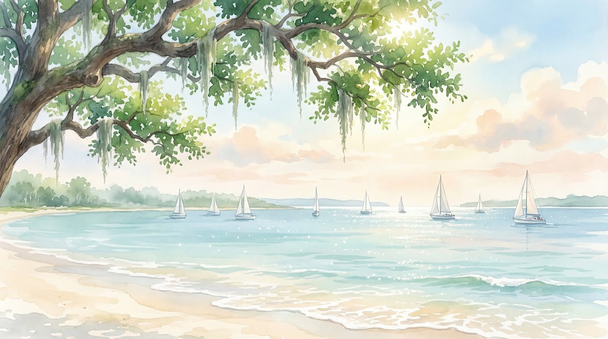 Papier peint panoramique tropical - Plage cocotiers voiliers eau turquoise Spanish moss fond bleu et beige sur mesure - Design