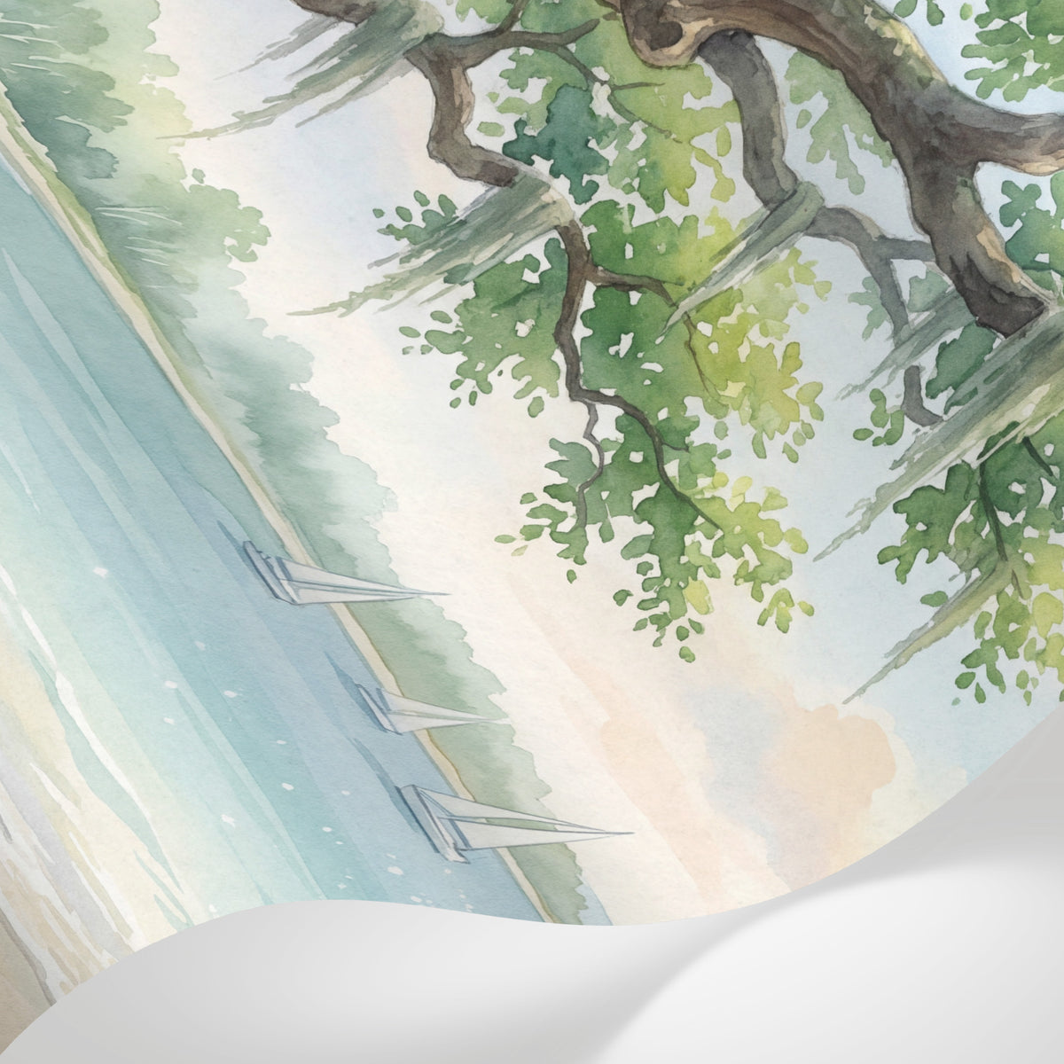Papier peint panoramique tropical - Plage cocotiers voiliers eau turquoise Spanish moss fond bleu et beige sur mesure - Matière