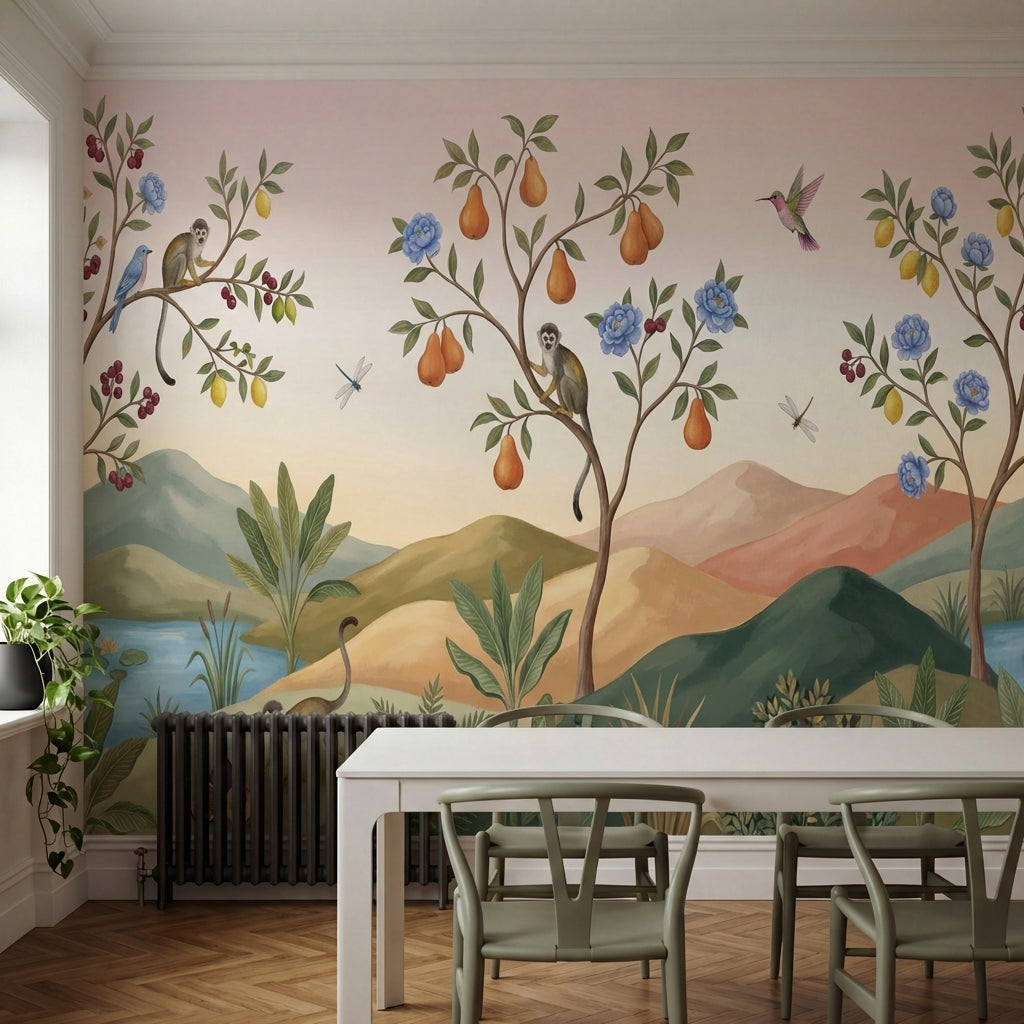 papier peint panoramique tropical singes oiseaux fruits branches fleuries montag-4