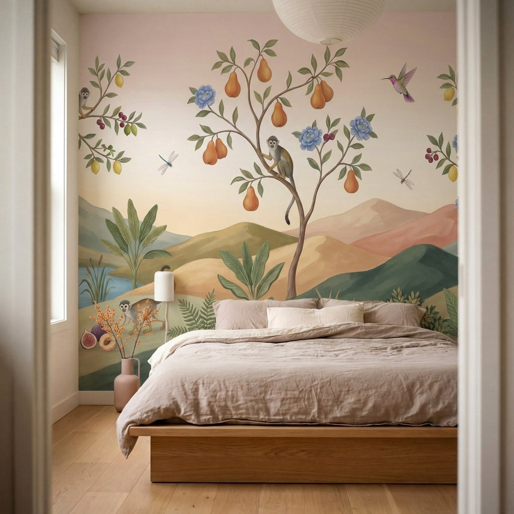 papier peint panoramique tropical singes oiseaux fruits branches fleuries montag-9