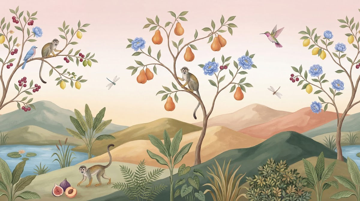 Papier peint panoramique tropical - Singes oiseaux fruits branches fleuries montagnes brumeuses fond rose poudré sur mesure - Design