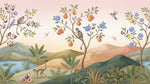 Papier peint panoramique tropical - Singes oiseaux fruits branches fleuries montagnes brumeuses fond rose poudré sur mesure - Design